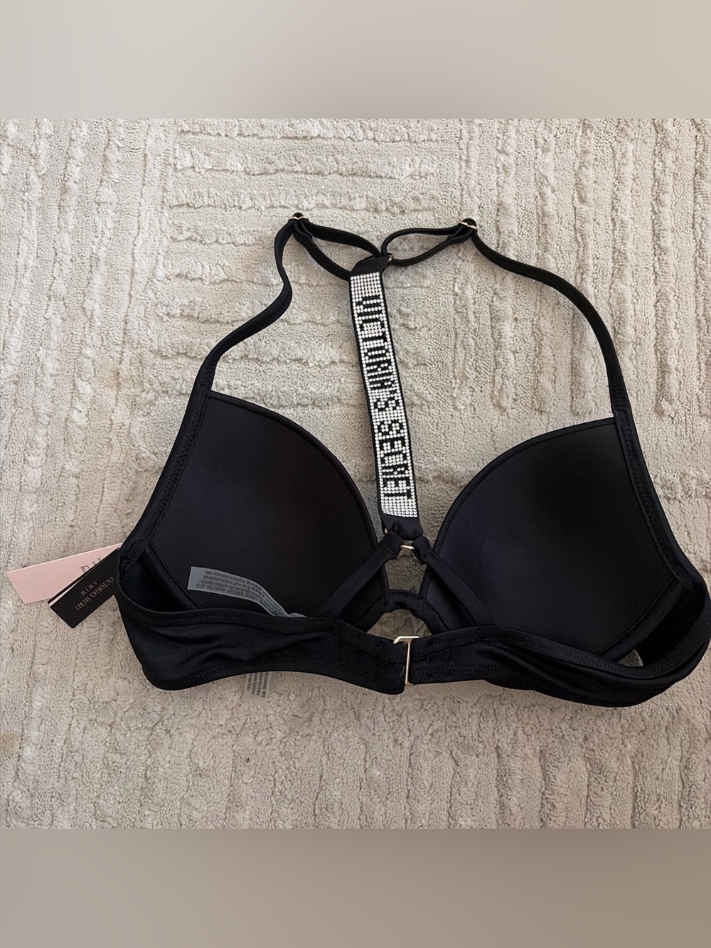 NWT  Victorias Secret Swim Black 34 B Triangle Rhinestone Strap Bikini Swimsuit